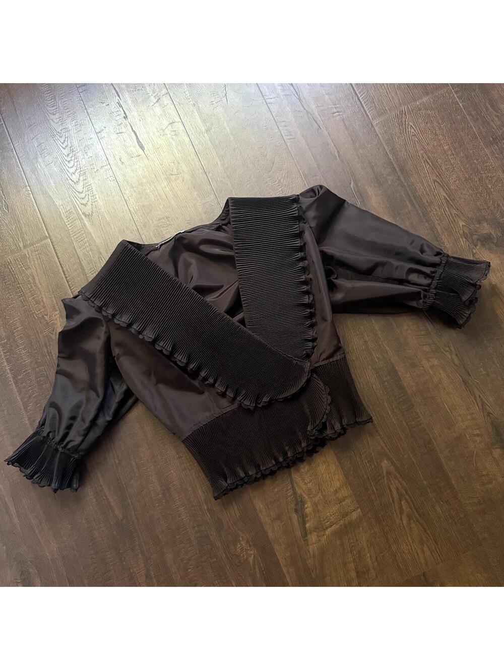 Victorian Inspired VTG 80s Top Brown Ruffled Puff Sleeve Satin Blouse XS/S - Picture 1 of 4